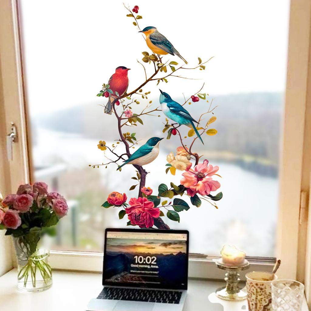 Цветы и птица на ветке Статичная наклейка на окно Самоклеящаяся Съемная Спальня Гостиная Балкон Стеклянная дверь Домашний декор Искусство