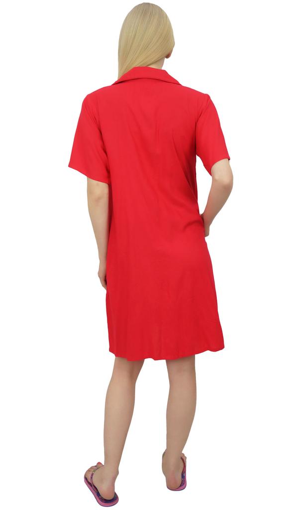 Bimba Women's Nightwear Beige Shirt Short Sleeve Dress With Pockets