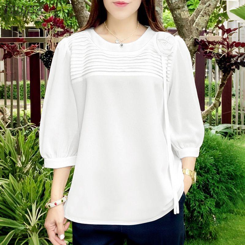 ZANZEA Женская повседневная однотонная блузка с круглым вырезом и коротким рукавом