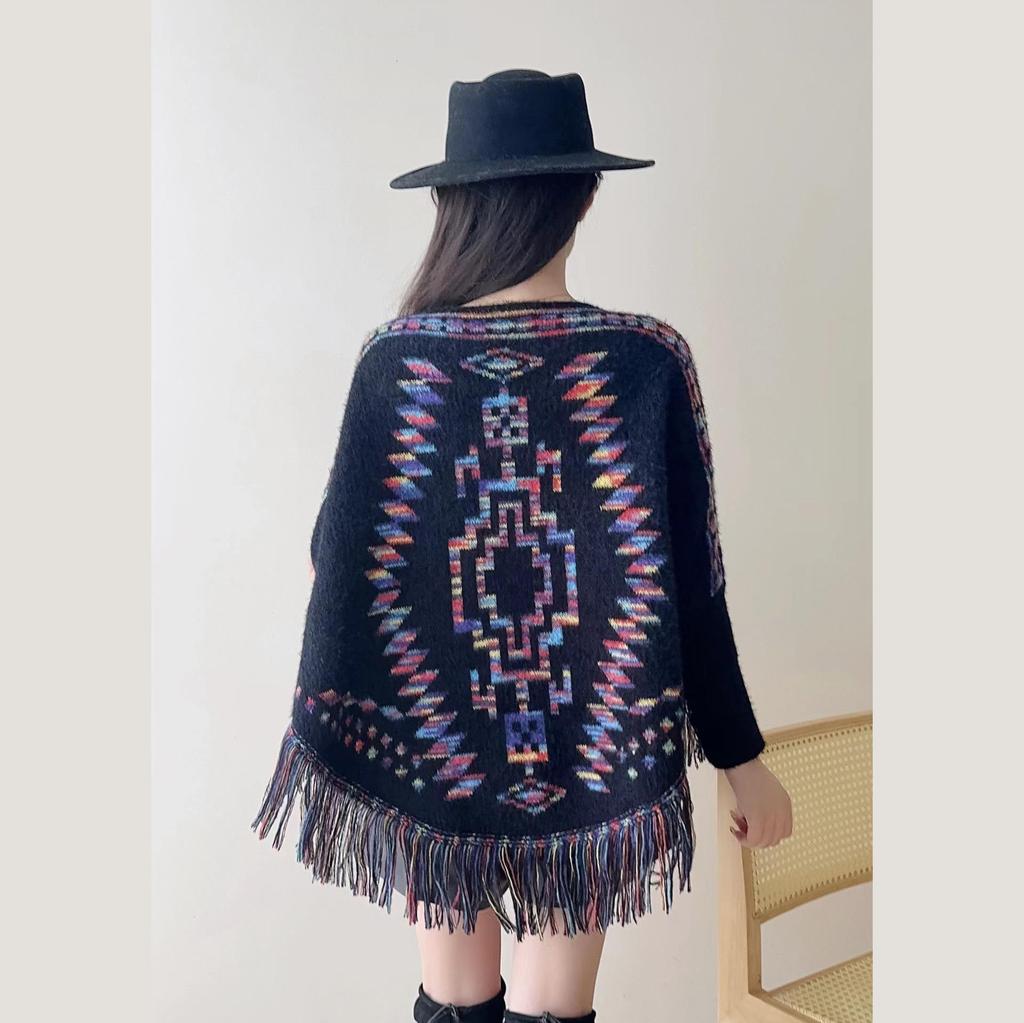 804 #Retro Ethnic Style Fringed Knitted Shawl Loose Pullover Temperament Long Sleeve Printed Sweater Cape Shawl