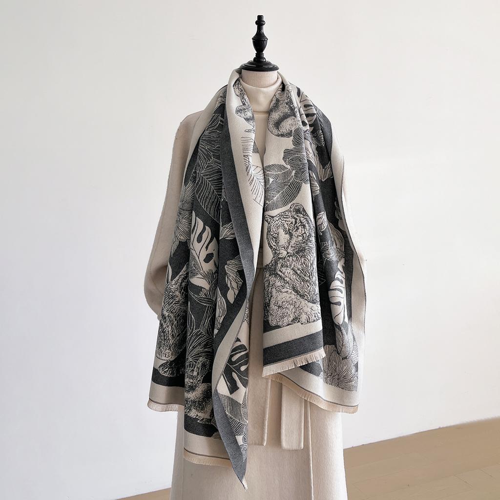Luxury Leaf Print Scarf for Women Warmer Winter Imitation Cashmere Pashmina Scarves Shawls Female Thick Blanket Wraps Foul