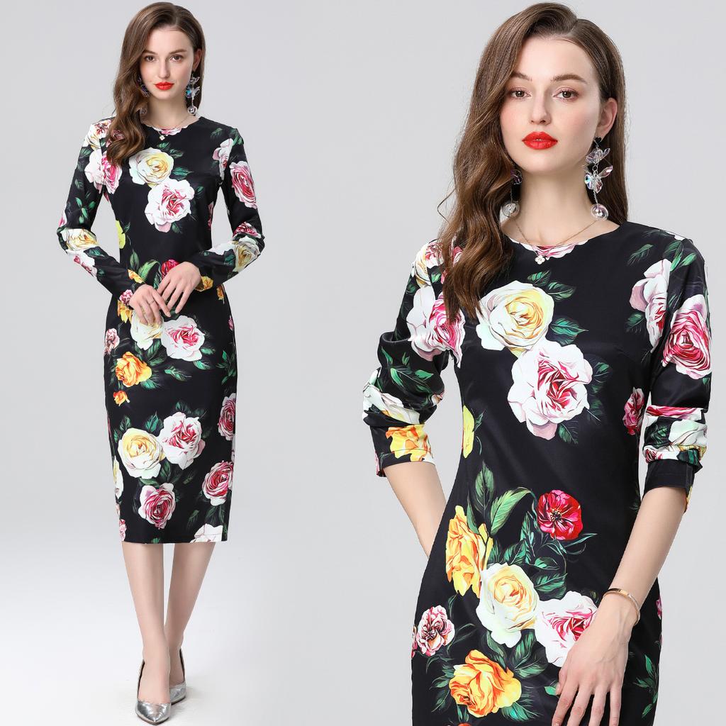 Spring Summer Women Fashion Elegant Full Sleeve Flower Print Slim Bodycon Office Work Pencil Dresses