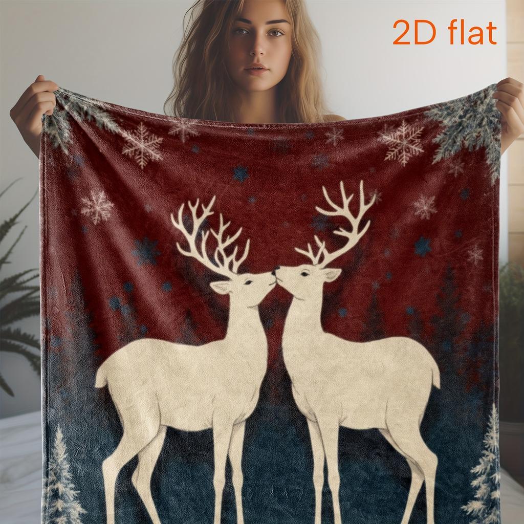 1pc Vintage Christmas Reindeer 2D Printed Blanket - Soft Flannel All-Season Cozy Throw for Sofa, Bed, Car, Office, Camping