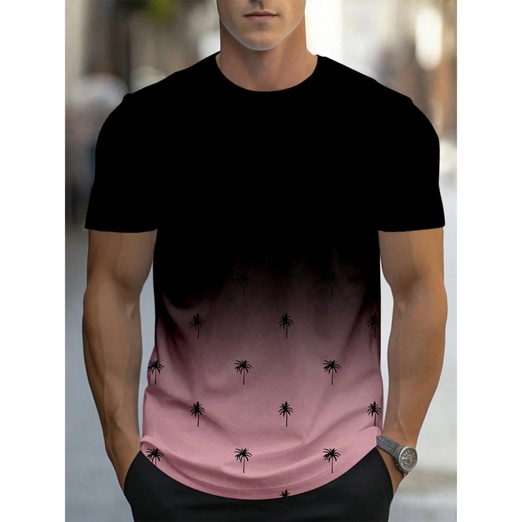 Summer Round Neck 3D Gradient Print Top Fashionable Casual Short Sleeved Men's T-shirts