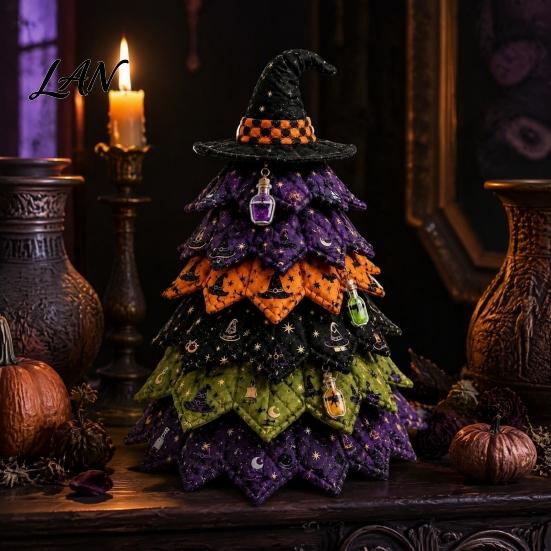 Dark Style Holiday Ornaments Halloween Wooden Tree Ornament, 2D Flat Quilted Fabric Desktop Double Artistic Crafts for Gifts Side Wood Table Sign Home