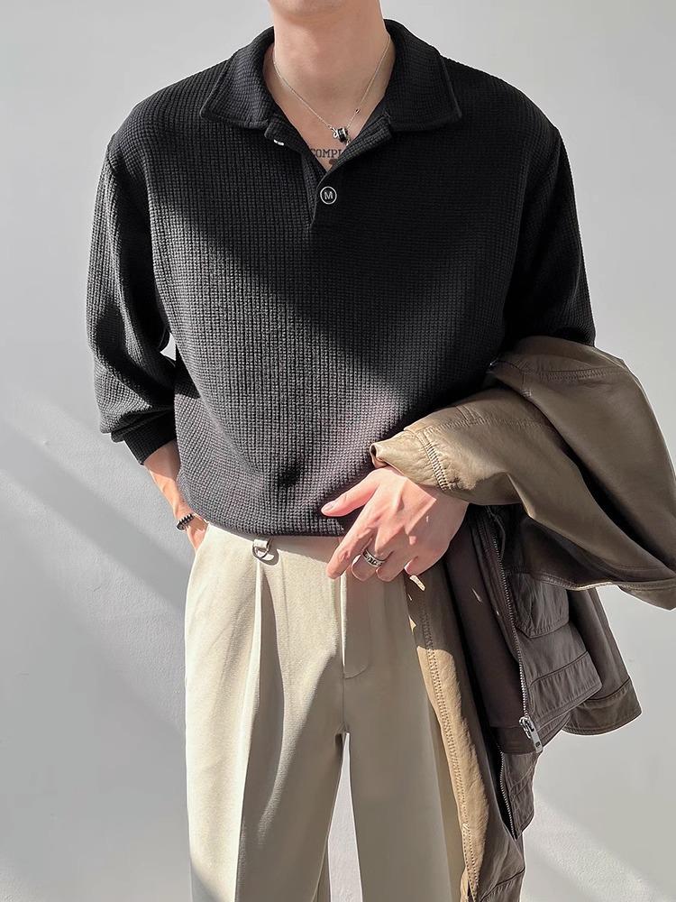 Мужское поло с длинным рукавом из вафельной ткани — модная свободная футболка на весну и осень