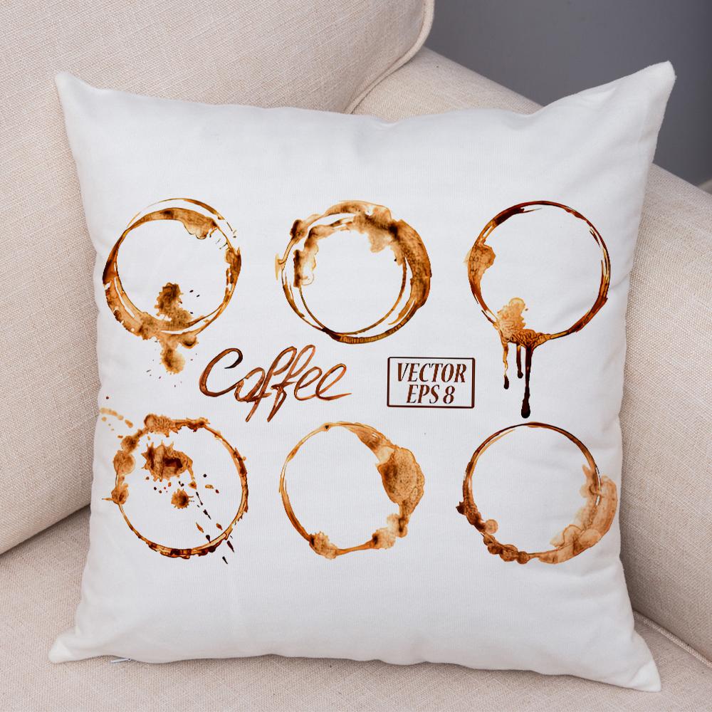 Coffee Theme Cushion Cover Artistic Coffee Stain Ring Print Soft Fabric Living Room Sofa Home Decor Pillow Case