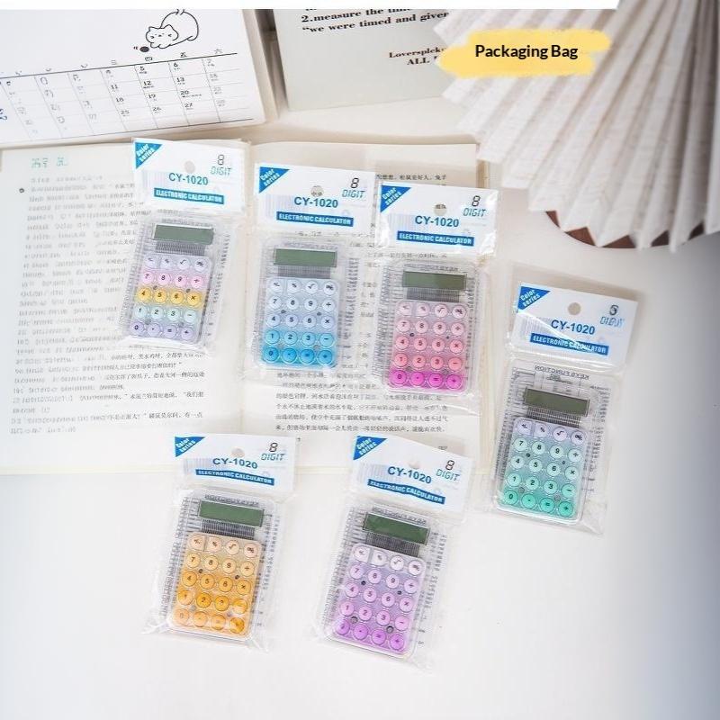 Cute Mini Transparent Calculator Soft Macaron Round Buttons 8 Digit Display Portable for School Student Office Home Accounting