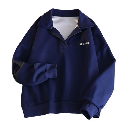 Women Autumn Spring Sweatshirt Turn-down Collar Loose Long Sleeves Pure Color Thin Elastic Cuffs And Hem Sport Style School Casual Top