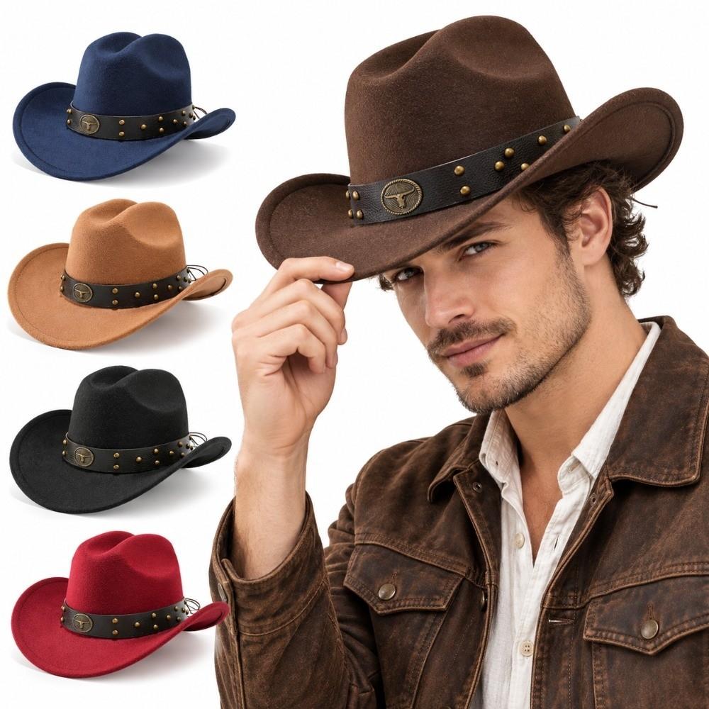 Faux Suede Western Cowboy Hat Bull Head Rivet Faux Suede Hat Sun Protection Hat For Men Women
