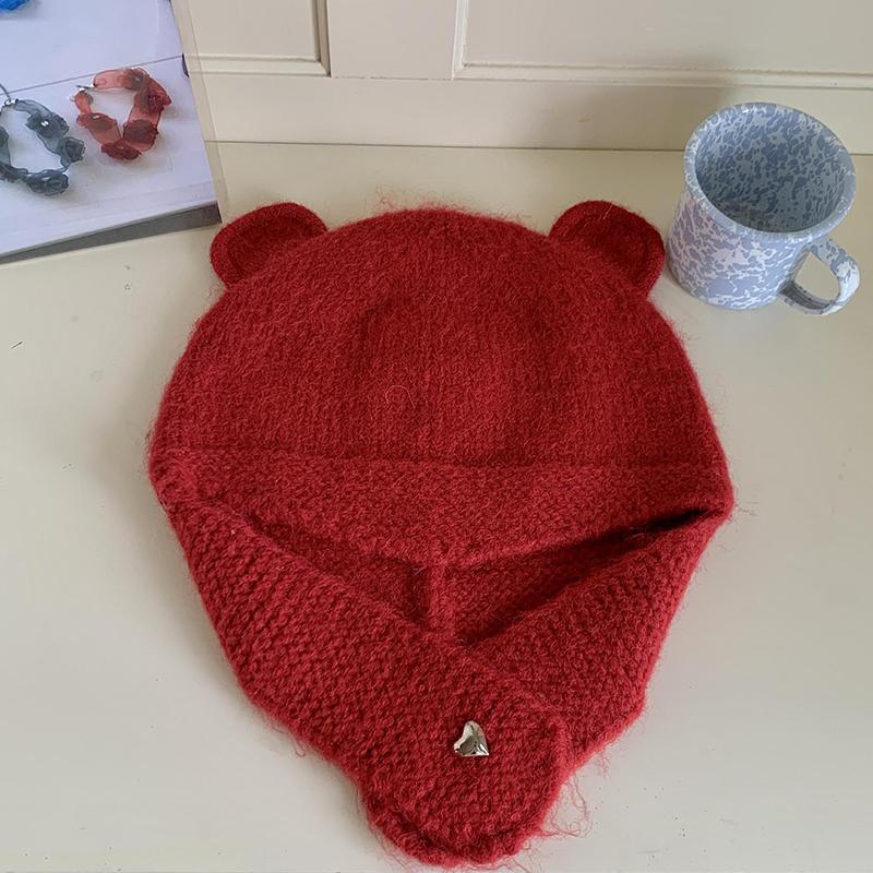 Женская зимняя японская симпатичная вязаная шапка-бомбер с ушками, круглая шапка с медвежьими ушками, защитные шапочки-бини