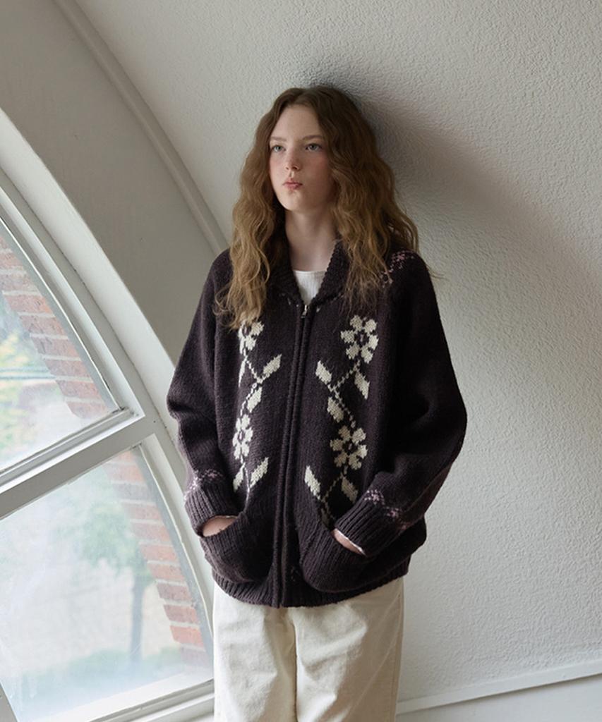 Murmure [100% Wool] Daph Flower Jacquard Zip-Up Cardigan/Daph Cardigan_2Colors