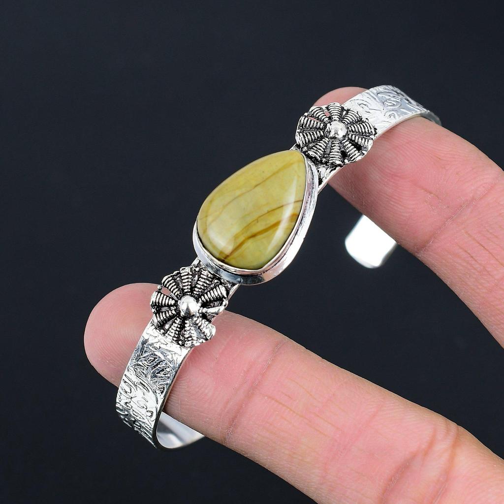 Natural Polychrome Jasper Gemstone Bangle Adjustable 925 Silver For Women