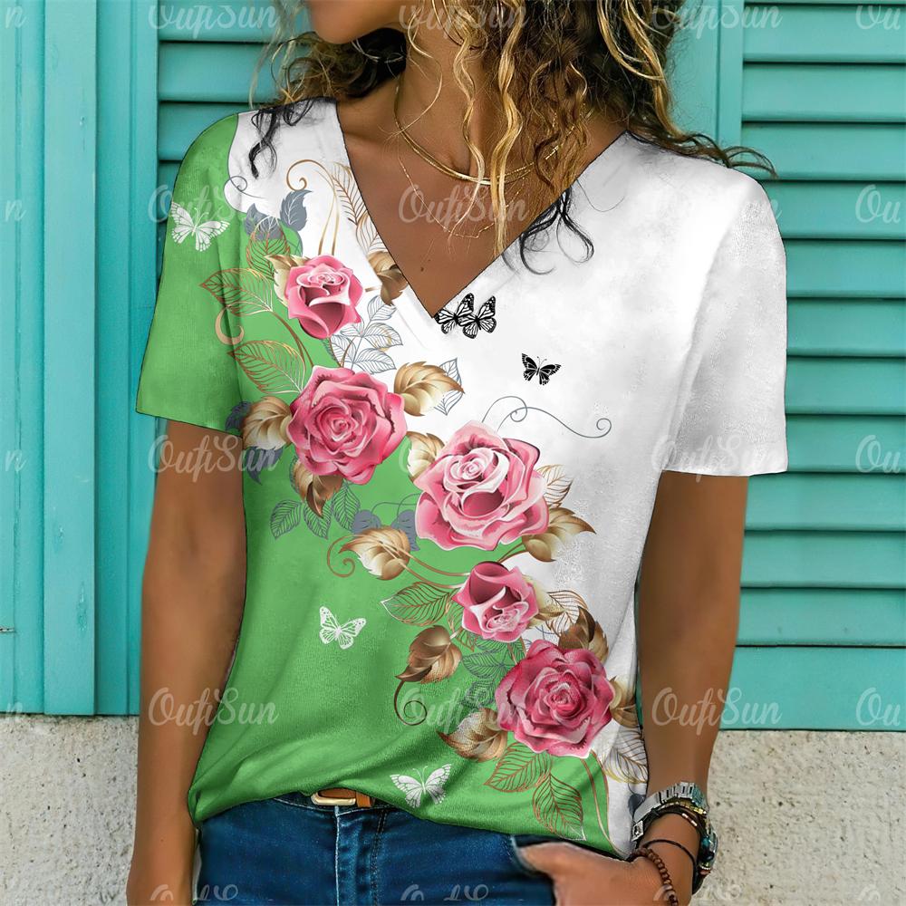 Модные женские футболки с цветочным принтом, топы с короткими рукавами и v-образным вырезом, футболки, повседневные кофты, женская футболка, одежда больших размеров