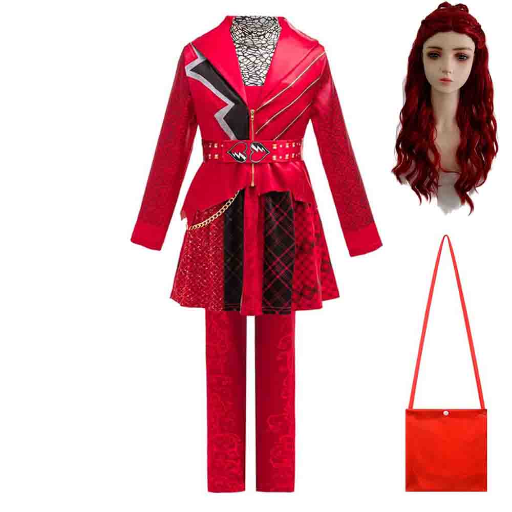 Girls Red Rock Style Cosplay Costume Set With Wig Kids Halloween Carnival Party Performance Dress‑up Outfit for Children