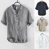 Men Summer Shirt V Neck Stand Collar Short Sleeves Vinatge Solid Color Loose Simple Style Mid Length