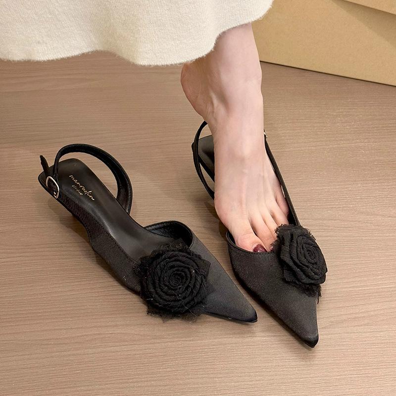 Волшебная зеленая роза! Нежный атласный розовый мешок голова пустые сандалии женские 2025 весна и лето темперамент туфли-стилеты