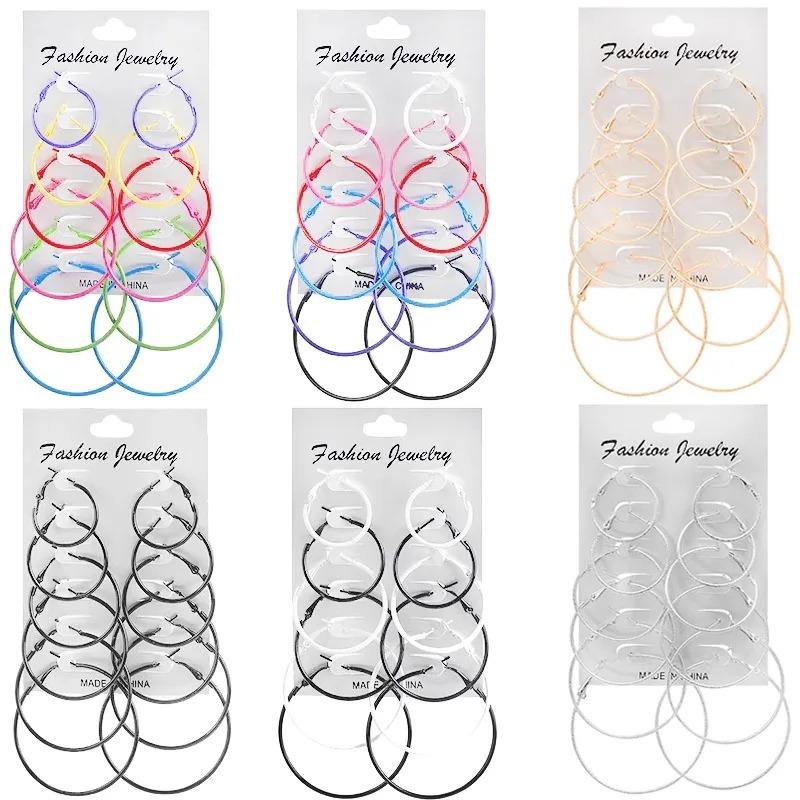 Women Big Hoop Earrings Set Girls Steam Punk Lightweight Ear Clip Lady Oversize Retro Metal Ear Stud Multicolor Earlobe Jewelry