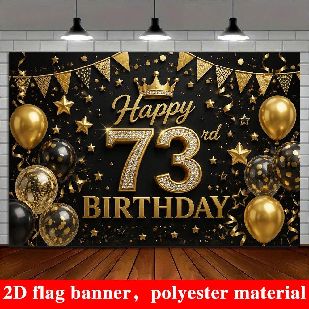 2D Flat Banner, 73rd Birthday Backdrop, Crown, Stars, Balloons, Party Decoration