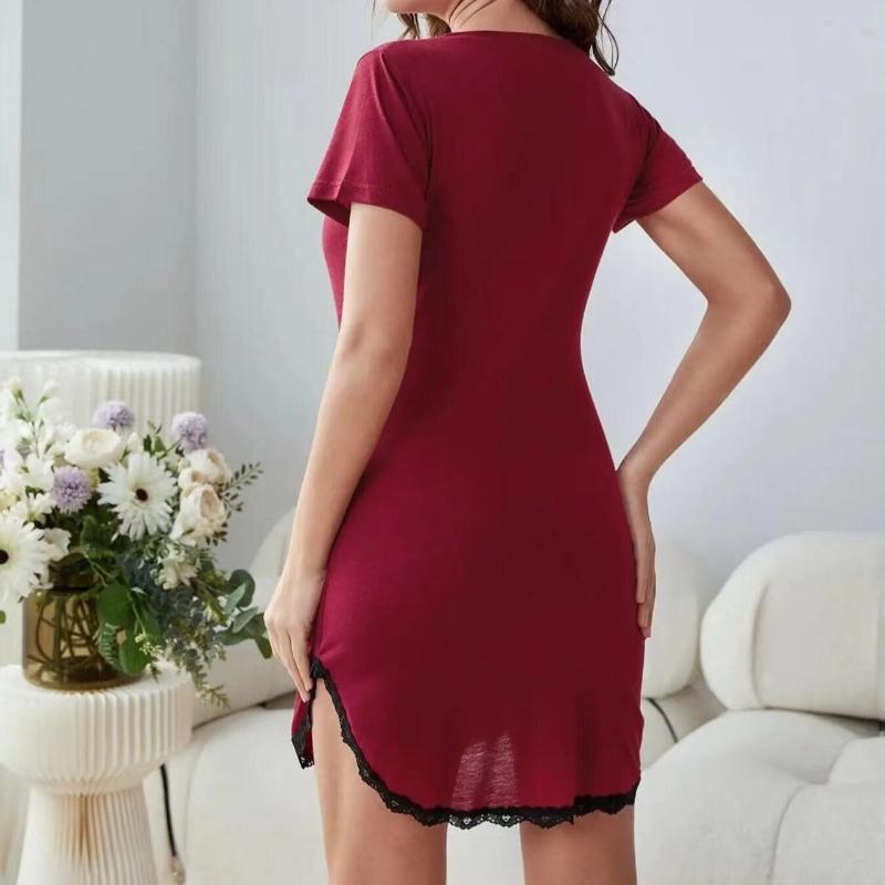 Красное летнее женское ночное платье с V-образным вырезом и короткими рукавами, ночная рубашка с принтом в виде сердца, кружевная отделка, ночная рубашка, пижама, ночная рубашка, юбка