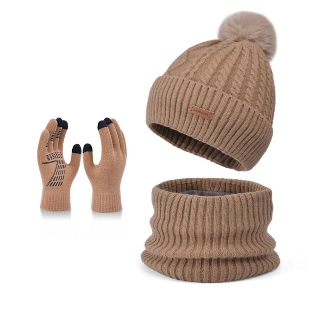 3pcs Solid Color Thermal Knit Cap Warm Winter Beanie Hat Soft Hat Scarf Gloves Set  Winter