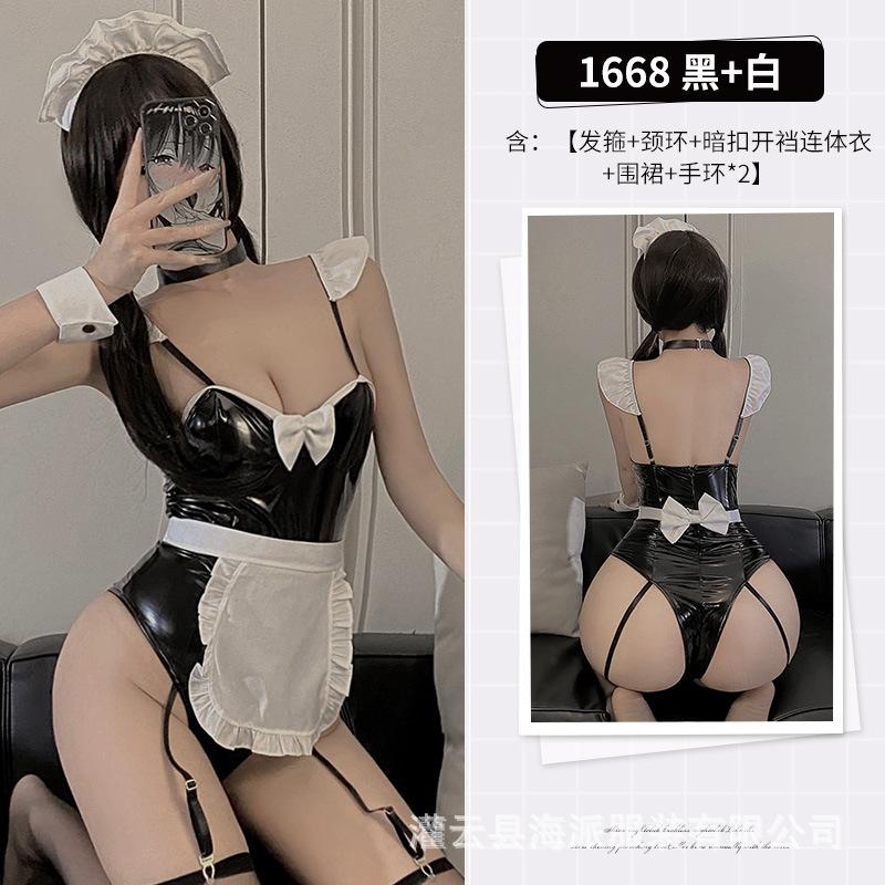 Сексуальное нижнее белье из искусственной кожи, двухмерная лакированная кожа для горничной и няни, открытая промежность, комбинезон, униформа, костюм для женщин