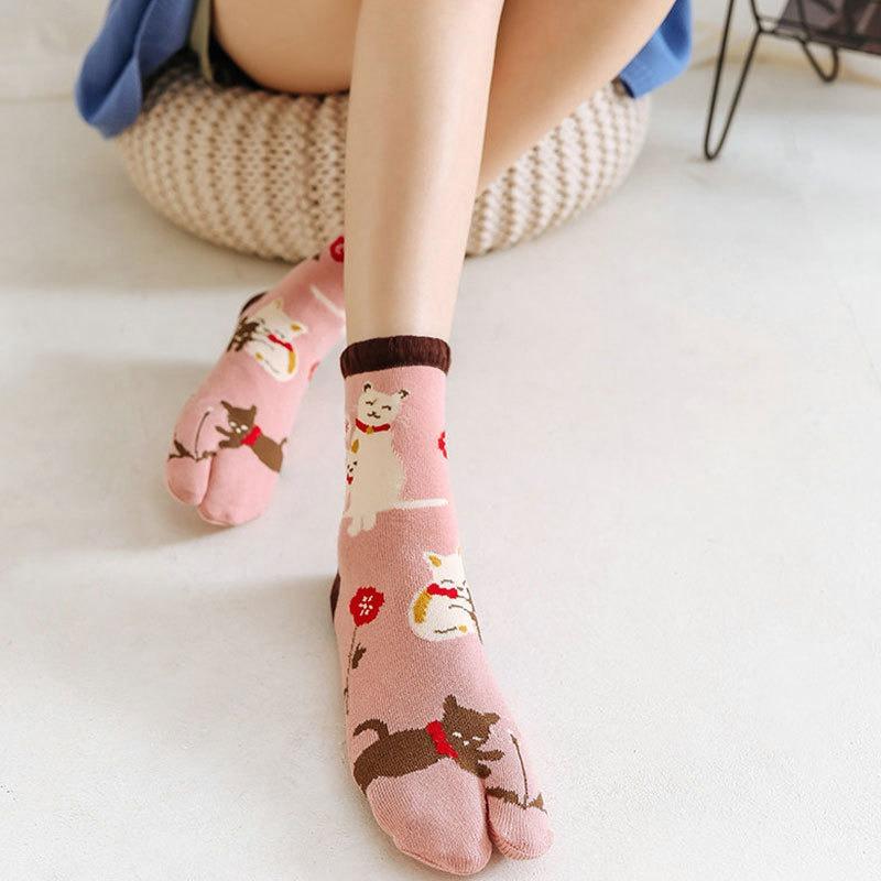 Sweat-Absorbent Socks Warm Women's Autumn Winter Cartoon Animal Mid-Calf Length Socks Female Cotton Socks Toe
