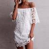 Women Wedding Bride Bridesmaids Elegant Short Sleeves Lace Hollow Out Mini Short Dress Party Ball Gown