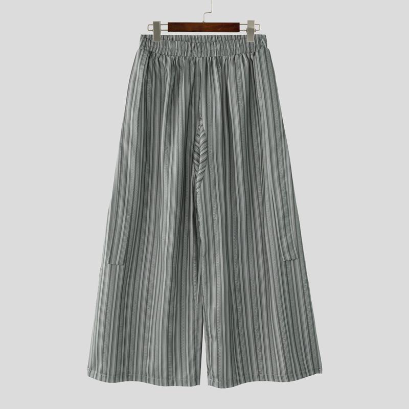 INCERUN Vintage Men Elastic Waist Striped Casual Loose Long Wide Legs Pants