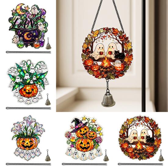 Pumpkin Party Decor Halloween Acrylic Hanging Decoration, Cartoon Ghost Ornament with Bell Bell, Suncatcher for Indoor Outdoor Holiday Ornaments