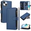 For iPhone 15 Leather Case 9 Card Slots Zipper Wallet Stand Phone Cover with Wrist Strap
