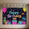 Glitter Happy Birthday Background Banner Glow Neon Dance Carnival Party Decorations Colourful Backdrop Supplies Photography Prop