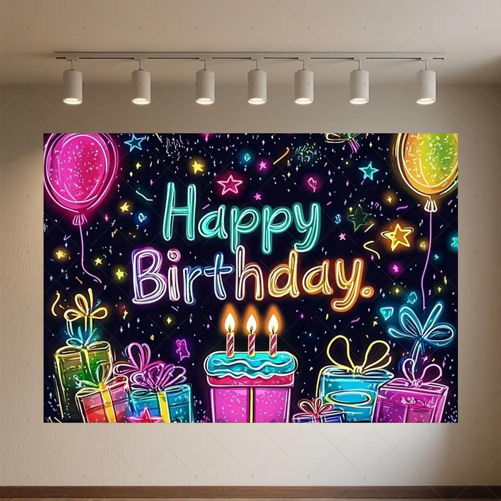 Glitter Happy Birthday Background Banner Glow Neon Dance Carnival Party Decorations Colourful Backdrop Supplies Photography Prop