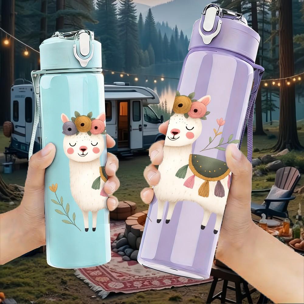 1PC Flower Crown Llama 750ml Color Plastic Sports Water Bottle Leakproof Flip Straw Lid Suitable for Sports Office Home Use