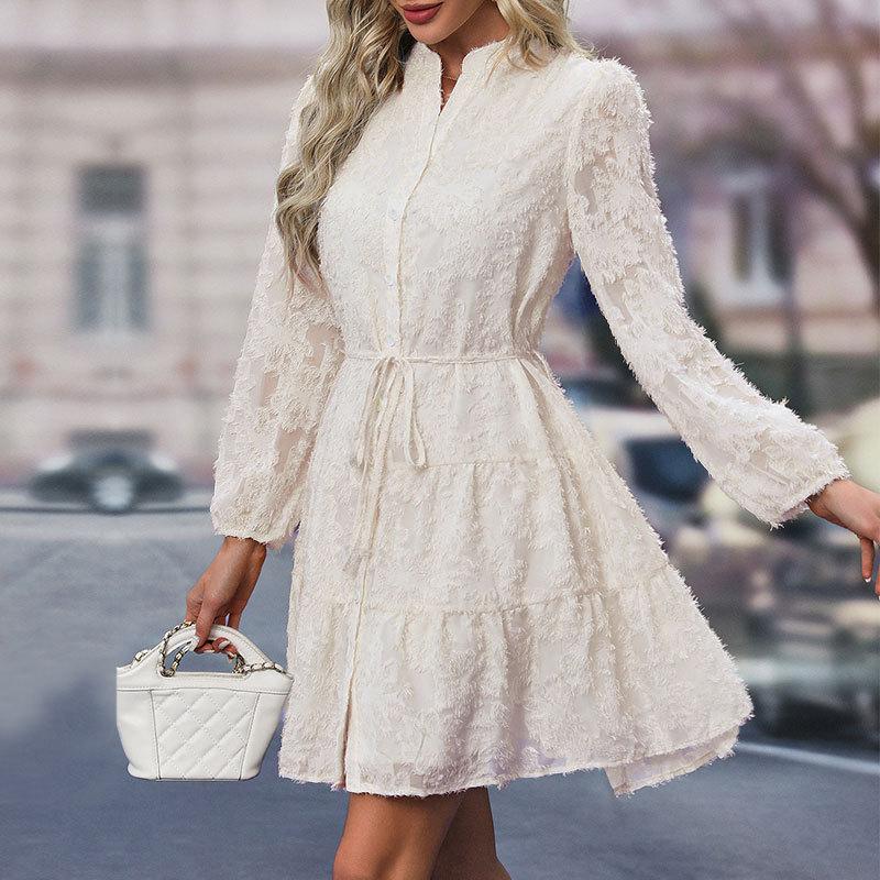 Women Autumn Winter Long Sleeve Print Elegant V-neck A-Line Mid-Length High Waist Dress