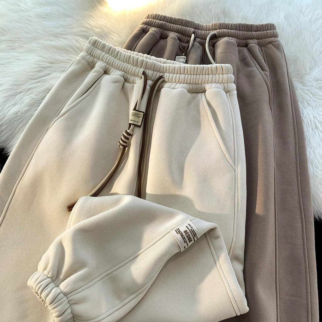 Velvet Thickened Sweatpants for Girls Autumn and Winter Pants Loose Straight Wide-leg Pants Casual Sports Tying Pants