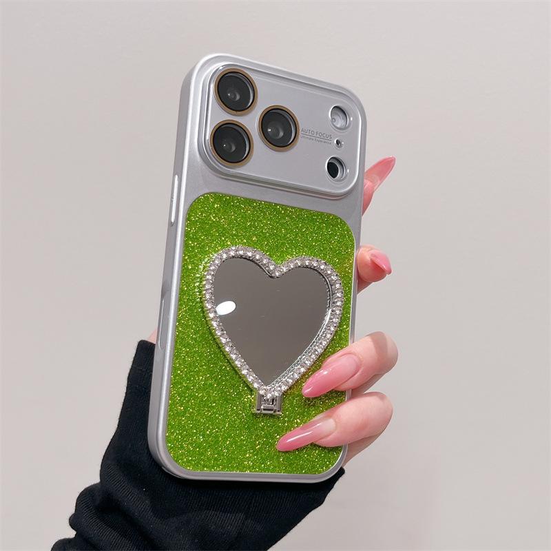 Чехол-подставка с зеркалом и блестками в виде сердца для iPhone 13/14/15/16/17 Pro Max