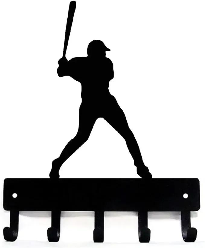 Baseball Batter Sport - Key Hooks Holder - 6 Inch Wide Metal Wall Art Iron Crafts, Decorative Organizer for Sports Enthusiasts