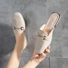 Women's Slippers 2024 Summer New Luxury Metal Buckle Leather Toe Head Square Root British Style Fashion Ladies Slippers Mules