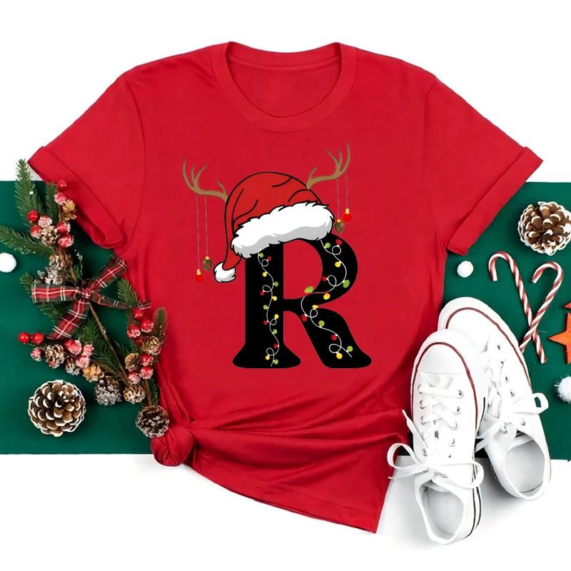Новая футболка с рождественским алфавитом 26 A~Z, женская повседневная модная футболка с коротким рукавом, эстетика рождественской вечеринки, красные футболки, топы