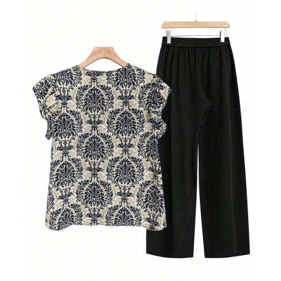 Комплект из 2 предметов: женский топ и брюки, круглый вырез, ретро-принт, короткие рукава, блузка, широкие брюки с эластичной резинкой на талии, повседневный свободный наряд для бабушки