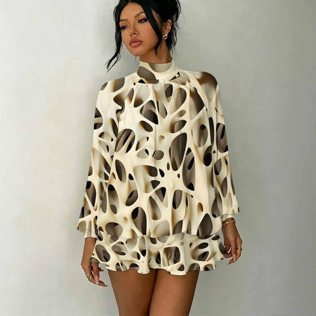 Women's 3D Irregular Texture Print Mock Neck Long Sleeve Dress, Raglan Sleeve Fake Two Piece Mini Dress