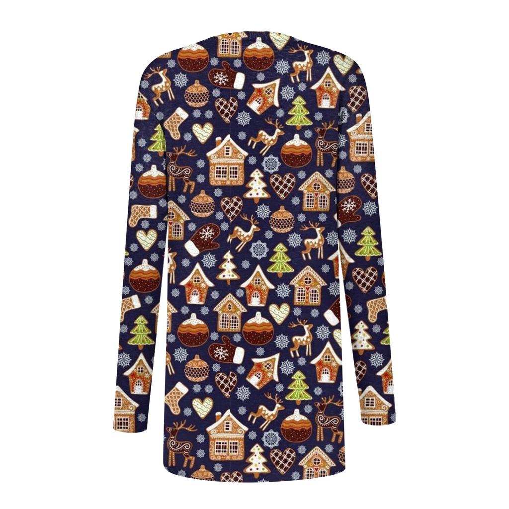 Women's Fashion Casual Christmas Print Medium Length Cardigan Jacket Coat