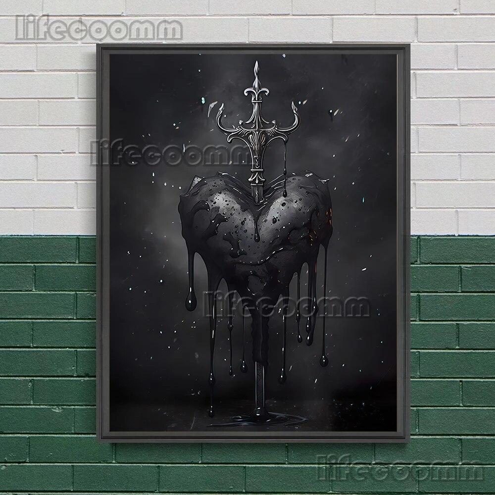 Черное сердце с кинжалом, винтажный настенный художественный постер, ботанический цветочный череп и готический мотылек, холст, картина, темный декор в стиле Cottagecore, без рамки