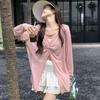 Chic Pink V-Neck Sun Protection Long Sleeve Women's Summer T-Shirt with Knotted Design
