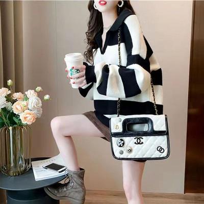 Новый осенне-зимний корейский вариант, свободный крой, повседневный, супер оверсайз, лацкан в полоску, длинный рукав, утолщенный вязаный свитер