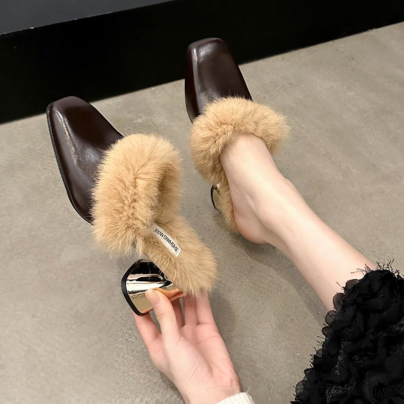 Женские тапочки с острым носком Элегантные мюли Тапочки Осенние меховые туфли на высоком каблуке Женские офисные туфли для работы Женские туфли Zapatos De Mujer