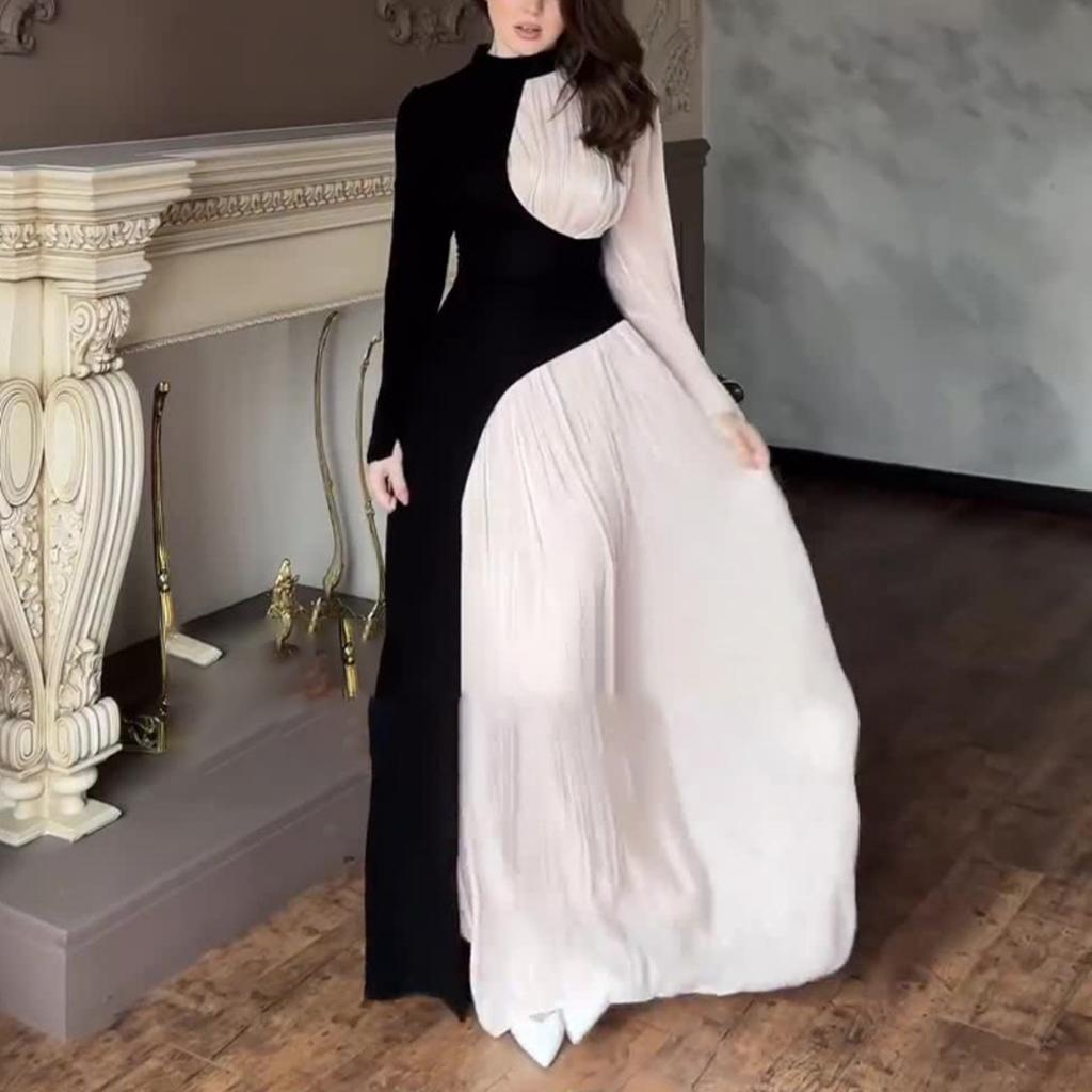 Осень Зима Новый Винтажный Элегантный Облегающий Высокая Талия Color Block Круглый Вырез Длинный Рукав Вечернее Платье Европейское Американское Женское Формальное Платье