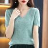 Women Sweater Short Sleeve V-neck Stripe Knitwears Slim Fit Shirt Korean Fashion Pullovers Thin Knit Tops Bottoming Shirts