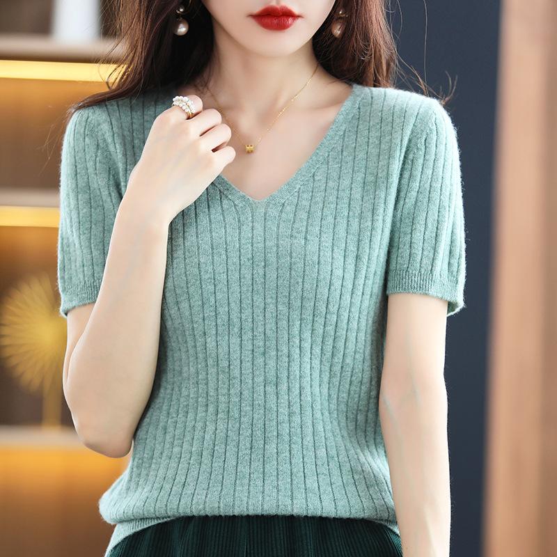 Women Sweater Short Sleeve V-neck Stripe Knitwears Slim Fit Shirt Korean Fashion Pullovers Thin Knit Tops Bottoming Shirts